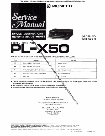 PIONEER PL-X50 S.MANUAL